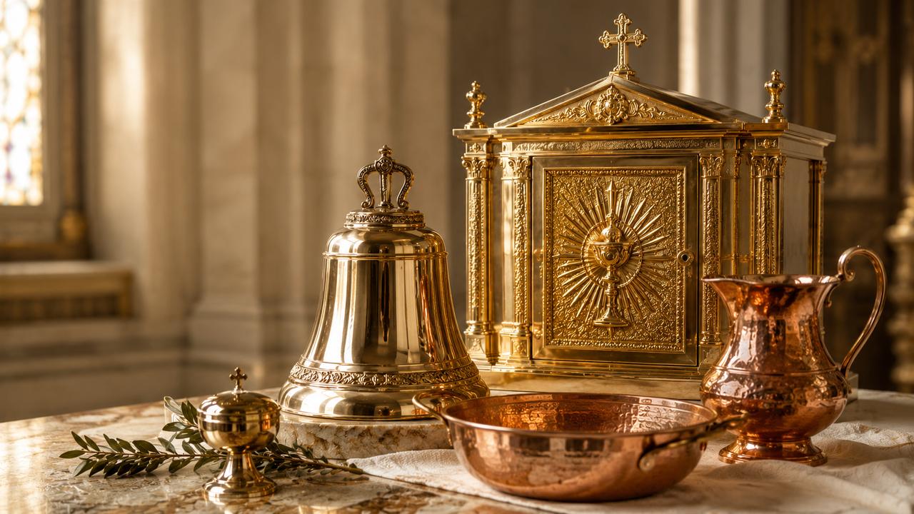 Campana de bronce, sagrario y jarra de cobre sobre un altar