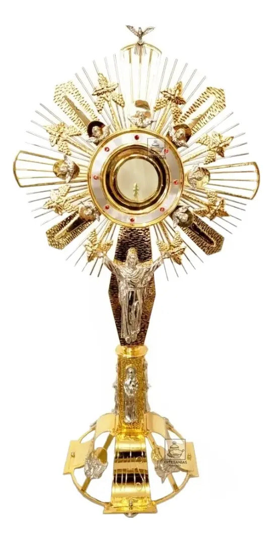 Custodia para iglesia de 1 m, modelo Cristo Rey y Espíritu Santo, en latón y bronce con baño de oro, hecha a mano en México