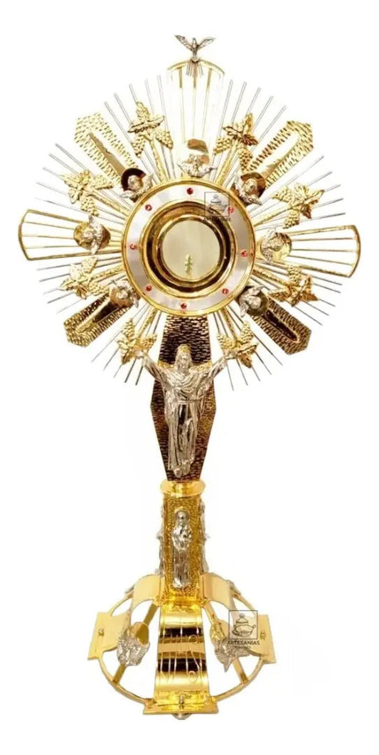 Custodia para iglesia de 1 m, modelo Cristo Rey y Espíritu Santo, en latón y bronce con baño de oro, hecha a mano en México
