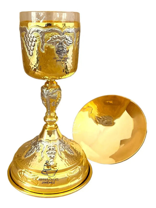 Cáliz y patena vaso sagrado, de latón con baño de oro, hecho a mano en México