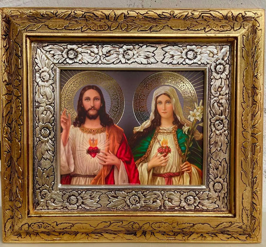 Cuadro del Sagrado Corazón de Jesús y de María, 45x40 cm, acabado combinado oro y plata