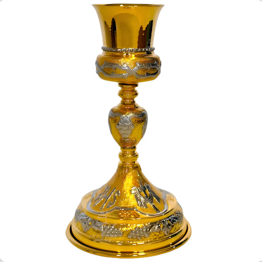 Cáliz para iglesia con patena modelo corona de espinas, de latón con baño de oro, hecho a mano en México