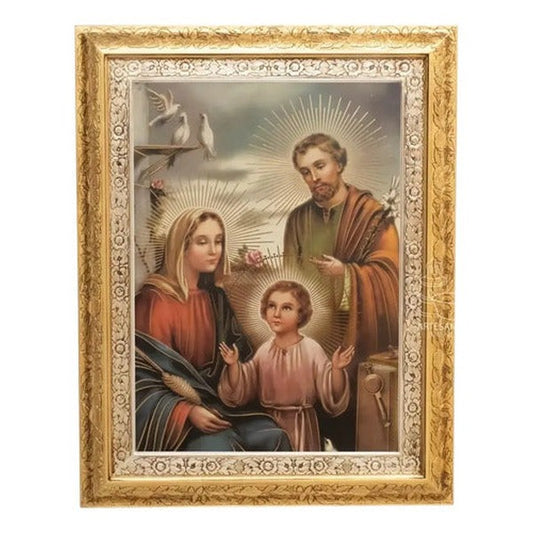 Cuadro de la Sagrada Familia de 90x70 cm, acabado combinado oro y plata, hecho a mano en México