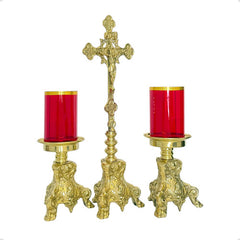 Candeleros Y Cruz Barroco Pie Leon Vasos Rojos Cruz De 65 Cm Bronce