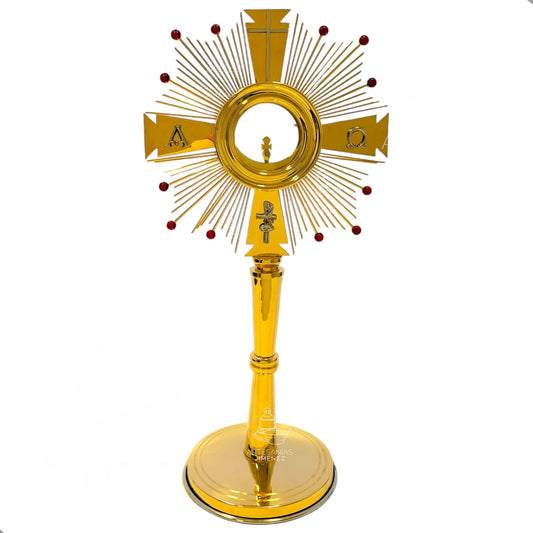 Custodia del Santísimo de 60 cm, modelo Alfa y Omega, en alpaca y bronce, hecha a mano en México