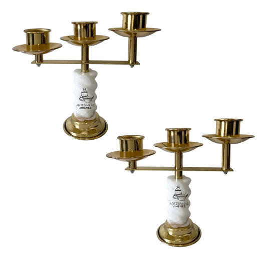 Candeleros de tres luces, modelo espiral dorado con ónix redonda, hecho a mano en México