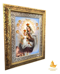 Cuadro Virgen Del Carmen Y Angeles 60x47 Cm Combinado Oro Y Plata Oro Y Plata