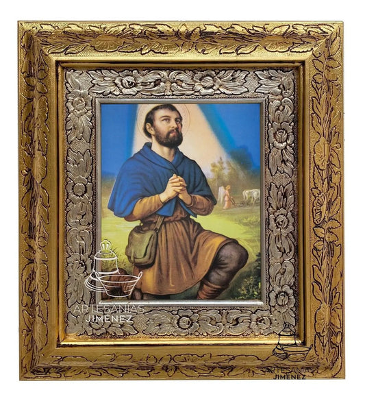 Cuadro de San Isidro Labrador, 45x40 cm, acabado combinado oro y plata