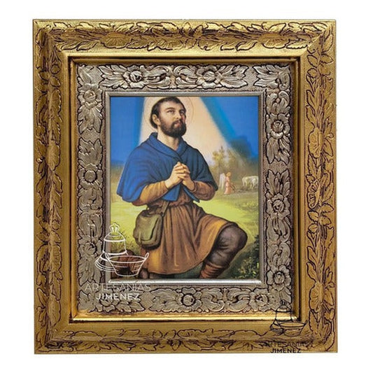 Cuadro de San Isidro Labrador de 90x70 cm, acabado combinado oro y plata, hecho a mano en México