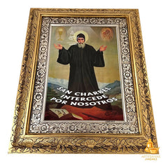 Cuadro San Charbel 60x47 Cm Con Frase Combinado Oro Y Plata Oro Y Plata