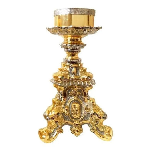 Candelero barroco de 3 luces, bronce con baño de oro de 24k, hecho a mano en México