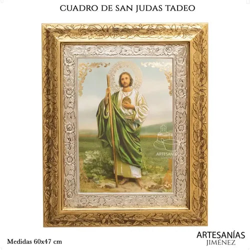 Cuadro de San Judas Tadeo de 60x47 cm, acabado combinado oro y plata, hecho a mano en México