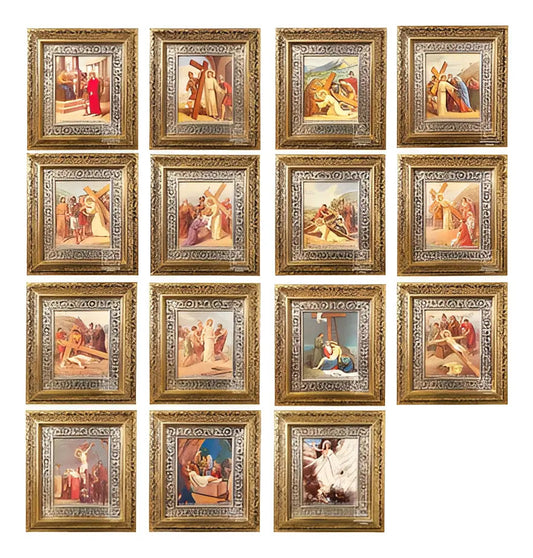 Vía crucis de 15 piezas, 60x47 cm, acabado combinado oro y plata, hecho a mano en México