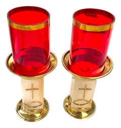 Candeleros De Mesa Para Altar Con Vaso Rojo Piedra Cuadrada Pez Y Cruz Pez Cruz