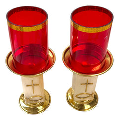 Candeleros De Mesa Para Altar Con Vaso Rojo Piedra Cuadrada Pez Y Cruz Pez Cruz