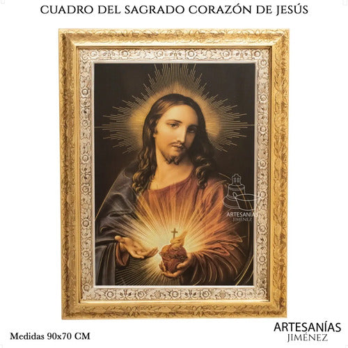 Cuadro del Sagrado Corazón de Jesús de 90x70 cm, acabado combinado oro y plata, hecho a mano en México