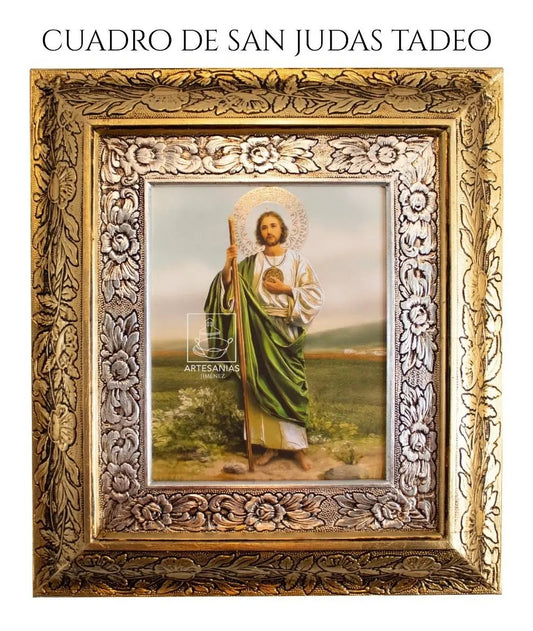 Cuadro de San Judas Tadeo, 45x40 cm, acabado combinado oro y plata, hecho en México
