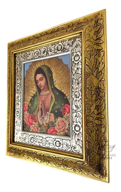 Cuadro Virgen De Guadalupe Rosas 45x40cm C014 Busto Virgen De Guadalupe Con Rosas Oro Y Plata