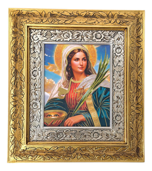 Cuadro de madera de Santa Lucía, 45x40 cm, acabado combinado oro y plata, hecho a mano en México