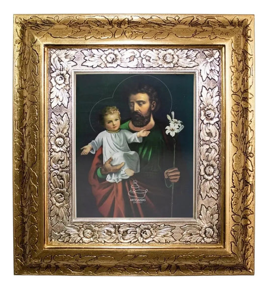 Cuadro de San José, 45x40 cm, acabado combinado oro y plata, hecho a mano en México