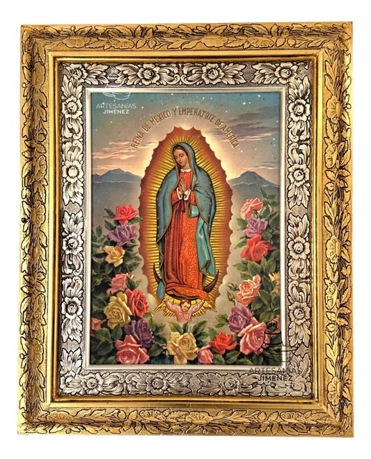 Cuadro de la Virgen de Guadalupe con rosas, 60x47 cm, acabado combinado oro y plata