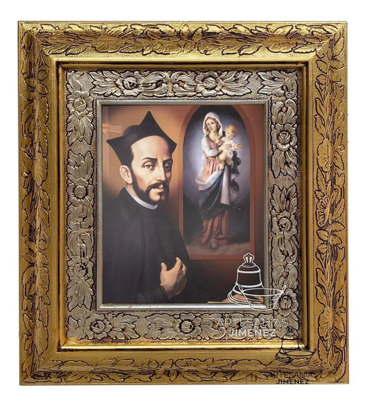 Cuadro de San Ignacio de Loyola, 45x40 cm, acabado combinado oro y plata