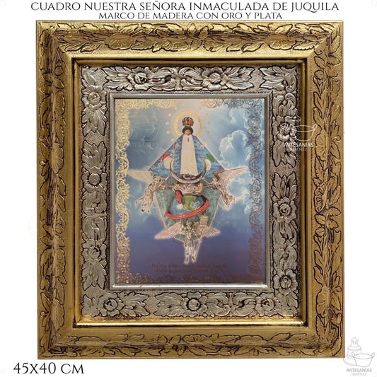 Cuadro de la Virgen de Juquila, 45x40 cm, acabado combinado oro y plata, hecho en México