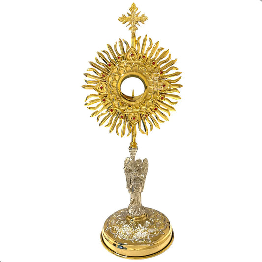 Custodia eucarística de 70 cm, modelo ángel custodio, con baño de oro, hecha a mano en México