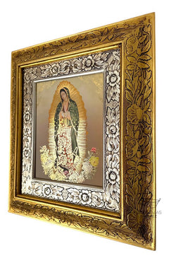 Cuadro Virgen De Guadalupe Rosas 45x40cm C014 Virgen Con Arco De Flores Oro Y Plata