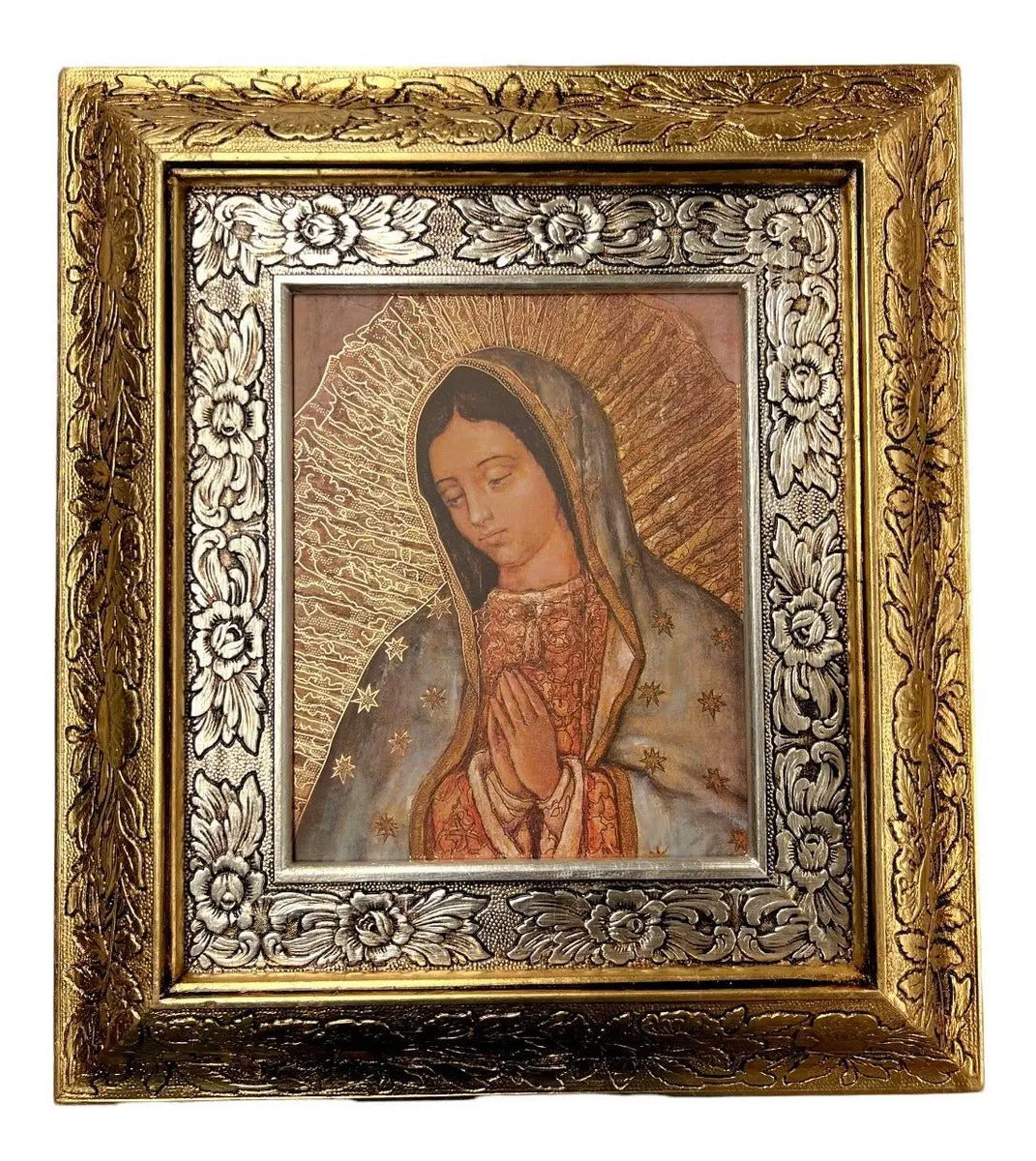 Framed Virgin of Guadalupe Bust 45x40 cm Gold Silver Art