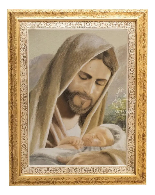 Cuadro de Jesús protector y salvador, 90x70 cm, acabado combinado oro y plata