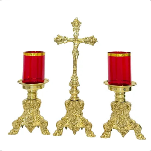 Candeleros y cruz barroca de 49 cm, pie de león y vasos rojos, bronce, hecho a mano en México