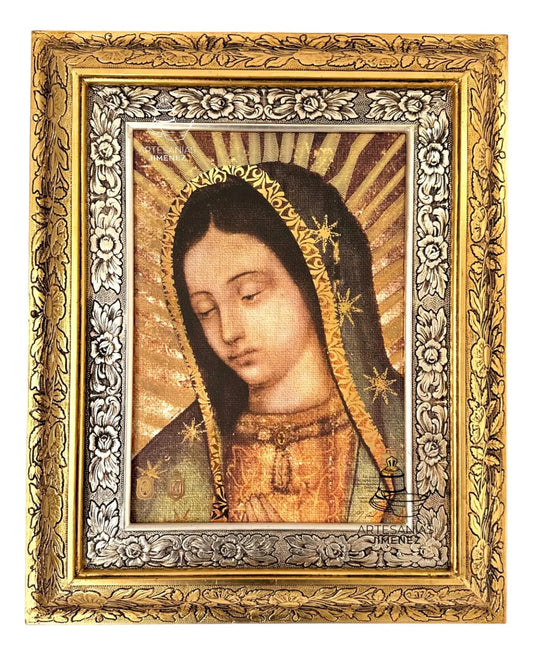 Cuadro del rostro de la Virgen de Guadalupe de 60x47 cm, acabado combinado oro y plata
