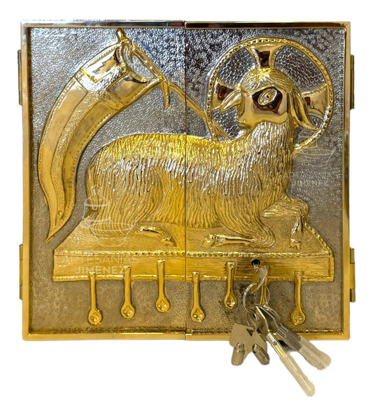 Sagrario de 30x30 cm con expositor y baño de níquel y oro, hecho a mano en México