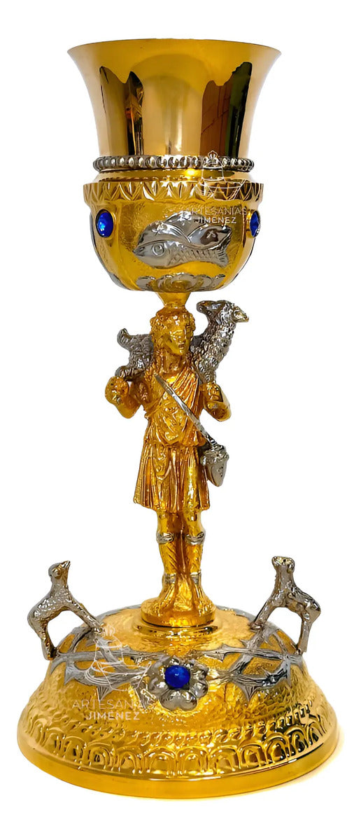 Cáliz para iglesia o capilla símbolos litúrgicos, de latón con copa de alpaca y baño de oro, hecho a mano en México