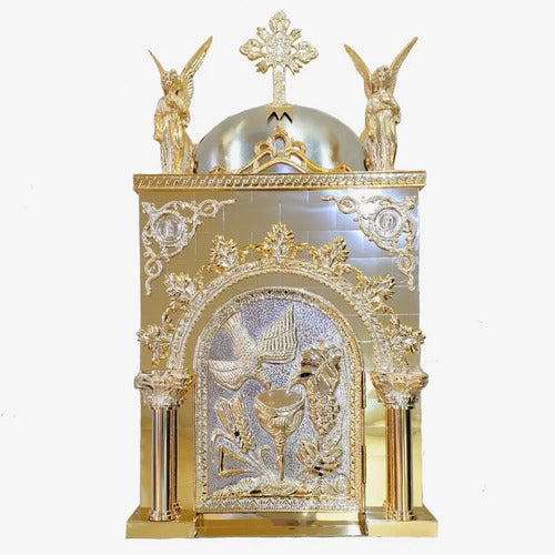 Sagrario grande con cúpula y ángeles, caja de 50x50 cm, expositor y baño de oro, hecho a mano en México