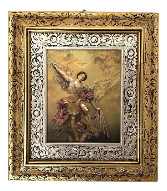 Cuadro de San Miguel Arcángel, 45x40 cm, acabado combinado oro y plata