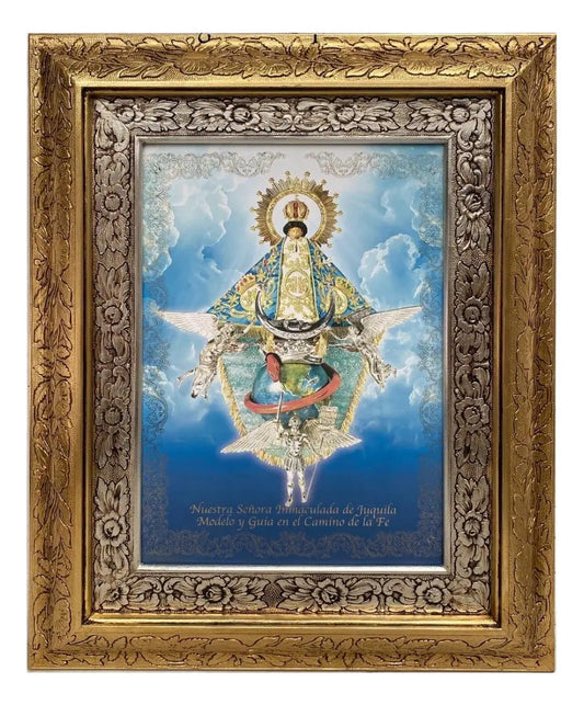 Cuadro de la Virgen de Juquila de 60x47 cm, acabado combinado oro y plata, hecho a mano en México