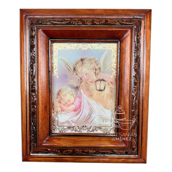 Cuadro de ángel con bebé, modelo Milagros de Luz, acabado nogal, hecho a mano en México