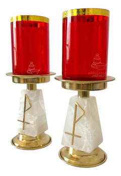 Candeleros De Mesa Para Altar Con Vaso Rojo Piedra Piramidal Dorado
