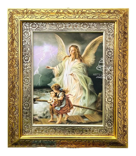 Cuadro del Ángel de la Guarda de 60x47 cm, acabado combinado oro y plata, hecho a mano en México