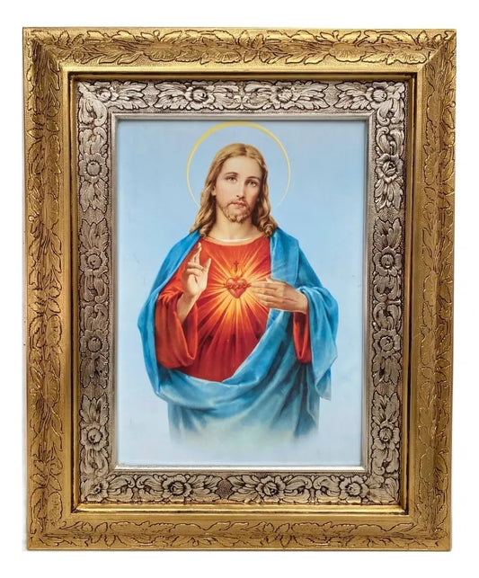 Cuadro del Dulce Corazón de Jesús de 60x47 cm, acabado combinado oro y plata