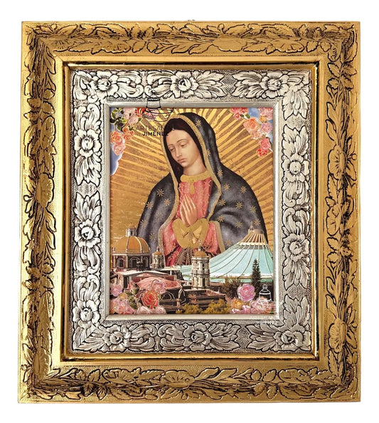 Cuadro de la Virgen de Guadalupe y la basílica, 45x40 cm, acabado combinado oro y plata