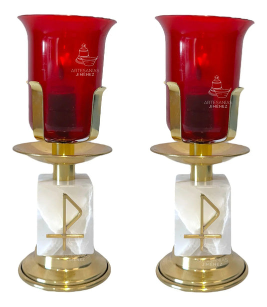 Candeleros eléctricos para el Santísimo, cuadrados media semana, ónix y latón dorado, hecho a mano en México