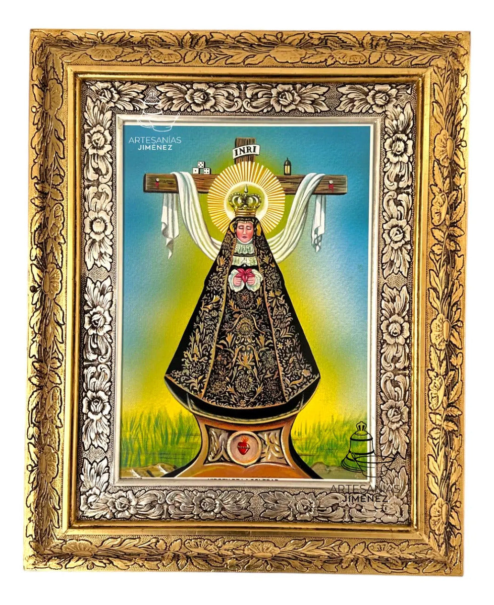 Cuadro de la Virgen de la Soledad de 60x47 cm, acabado combinado oro y plata, hecho en México