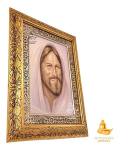 Cuadro Rostro De Jesús Sonriente De 60x47 Cm, Oro Y Plata Con Marco Combinado Oro Plata Oro Plata