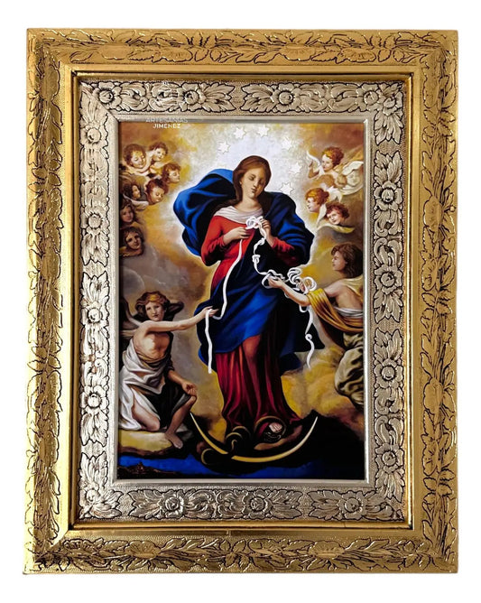 Cuadro de María Desatanudos de 60x47 cm, acabado combinado oro y plata, hecho a mano en México