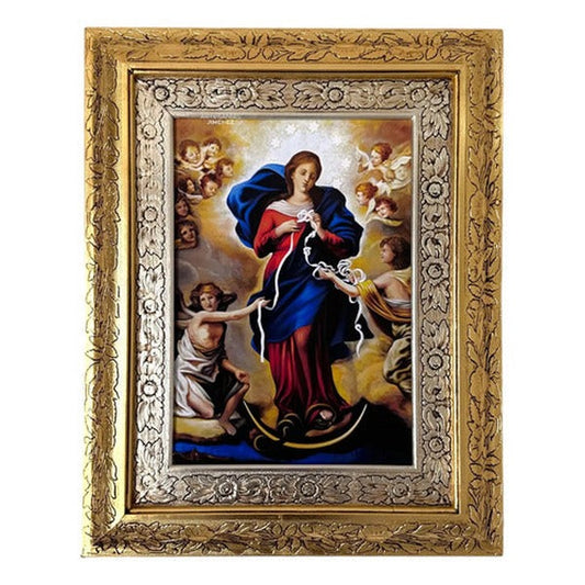 Cuadro de María Desatanudos de 60x47 cm, acabado combinado oro y plata, hecho a mano en México