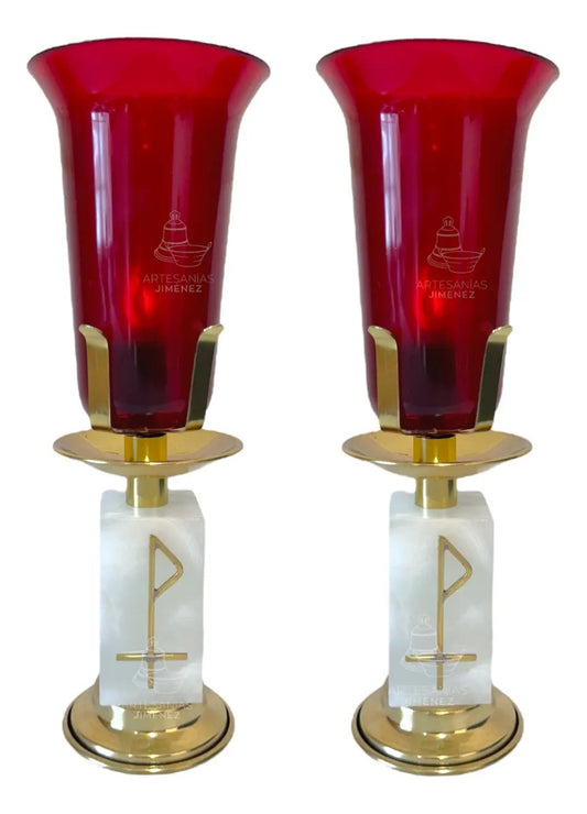 Candeleros eléctricos para el Santísimo, cuadrados, ónix y latón dorado, hecho a mano en México