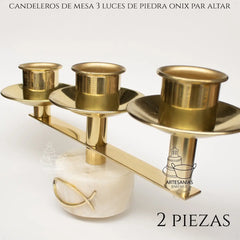Altar Candelabra Pair, 3-Light, Gold, Round Onyx